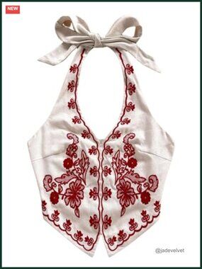 Boho Halter Tank Top Embroidered Backless Festival Vintage Sleeveless Crop Top
